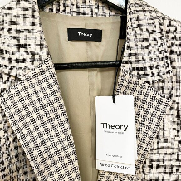 New Theory Oversized Linen Blend Plaid Blazer Ecru Black 2, XS $495 - Picture 8 of 12